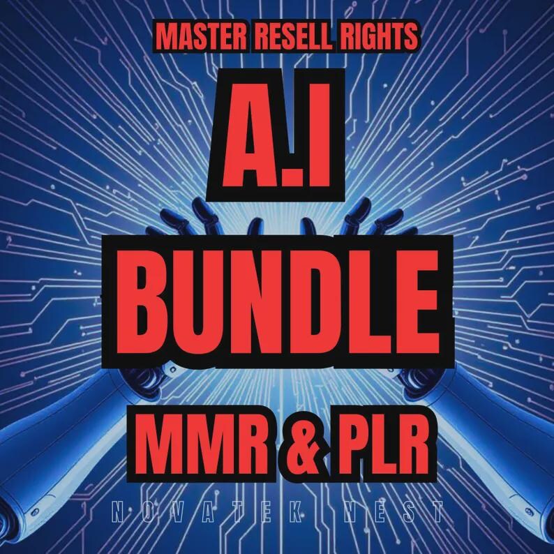 Op de afbeelding: Een digitale afbeelding met de tekst "MASTER RESELL RIGHTS" bovenaan. De woorden "A.I BUNDLE" staan in grote rode letters, met "MMR & PLR" eronder. De achtergrond heeft een blauw printplaatontwerp en robotarmen.