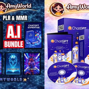 Op de afbeelding: Een advertentie voor een AI-bundel van AmyWorld. De afbeelding toont een tablet, boeken en dozen met de tekst "A.I. Art" en "ChatGPT Expertise". Het kleurenschema is blauw, wit en rood, met illustraties van AI-gegenereerde kunst en het AmyWorld-logo.