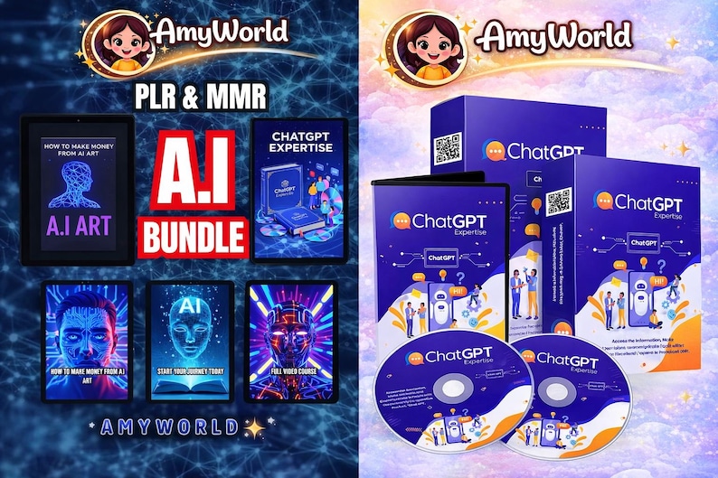 Op de afbeelding: Een advertentie voor een AI-bundel van AmyWorld. De afbeelding toont een tablet, boeken en dozen met de tekst "A.I. Art" en "ChatGPT Expertise". Het kleurenschema is blauw, wit en rood, met illustraties van AI-gegenereerde kunst en het AmyWorld-logo.