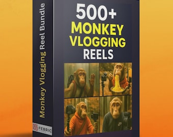 Op de afbeelding: Een donkerblauwe doos met de tekst "500+ MONKEY VLOGGING REELS" en "Monkey Vlogging Reel Bundle". De doos bevat vier afbeeldingen van vloggende apen. De apen dragen rugzakken en houden camera's vast. De achtergrond is een verloop van oranje en geel.