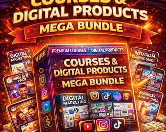 Op de afbeelding: Promotieafbeelding voor digitale marketing cursussen en producten. De afbeelding toont een grote bundel met de tekst "COURSES & DIGITAL PRODUCTS MEGA BUNDLE". Kleinere schermen tonen "Digital Marketing", "Viral Reels Pack" en "Instagram Earning Guide".