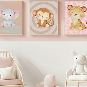 Conjunto de láminas decorativas para la habitación infantil con temática de safari: elefante, mono y leopardo. Estampados de animales adorables. Decoración para la habitación de los niños. Paquete imprimible.
