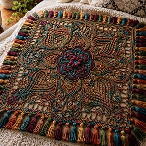 May include: A square crochet pillow cover featuring an intricate, multi-colored floral and paisley pattern in shades of teal, rust, gold, and burgundy. The edges are finished with a dense border of small, multi-colored yarn tassels.