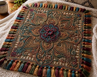 Ornate Tassel Crochet Blanket Pattern | Vintage Boho Floral Mandala Throw (PDF Pattern)
