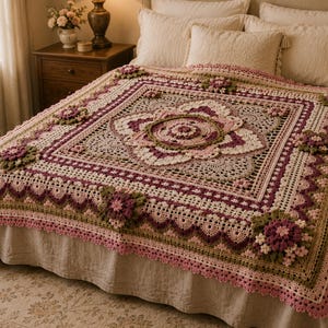 Könnte beinhalten: Eine quadratische Häkeldecke mit einem zentralen Blumenmotiv in den Farben Altrosa, tiefem Pflaume und Salbeigrün. Das komplexe Design umfasst geschichtete Blütenblätter, strukturierte Maschen und einen gewellten Rand mit kleinen Blumenakzenten.