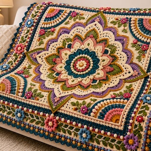 Peut inclure: Une couverture carrée au crochet présentant un grand motif mandala central dans des tons de bleu sarcelle, violet, rose et crème. Le design comprend des ornements floraux en relief, des points popcorn texturés et des motifs d'angle semi-circulaires.