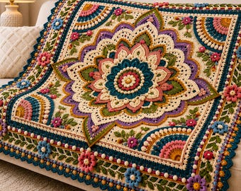 Royal Floral Mandala Crochet Blanket Pattern, Boho Square Afghan Throw (PDF Download)