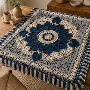 May include: A square crochet tablecloth featuring a central dark blue floral mandala motif surrounded by intricate cream and blue geometric lace patterns. The edges are finished with a decorative border and long, alternating cream and blue fringe.