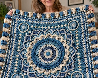 Blue Harmony Mandala Crochet Blanket Pattern | Textured Boho Throw (PDF Download)