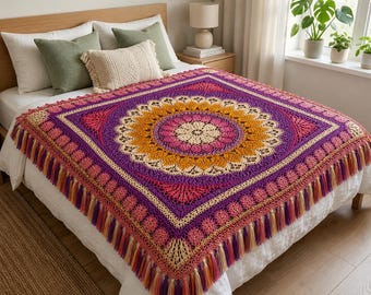 Floral Mandala Crochet Blanket Pattern | Colorful Boho Afghan Throw (PDF Download)