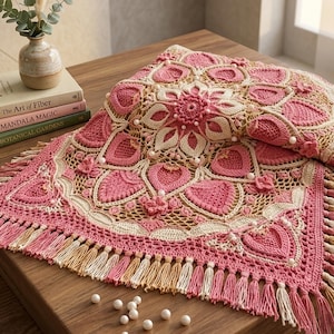 May include: A handmade, pink and cream-colored crochet blanket with a floral and heart design. The blanket has a fringed edge with pink and cream tassels. Decorative pearls are scattered across the surface. The blanket is folded on a wooden surface.