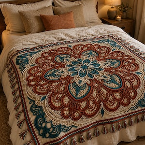 Puede incluir: Una manta de ganchillo intrincada en tonos crema, turquesa y rojo óxido, con un diseño floral central. La manta, adornada con borlas en los bordes, se exhibe sobre una cama con ropa de cama de tonos neutros.