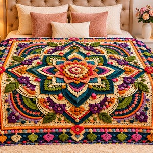 May include: A colorful, handmade crochet blanket with a large floral mandala design. The blanket features a vibrant palette of teal, pink, purple, orange, and green. The intricate pattern is displayed on a bed with pillows.