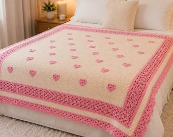 Crochet Pink Heart Baby Blanket Pattern | Vintage Lace Nursery Throw (PDF Download)