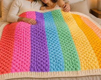 Chunky Rainbow Crochet Blanket Pattern, Beginner Friendly Throw (PDF Download)