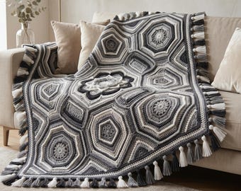 Monochrome HexaBloom Crochet Blanket Pattern | Textured Geometric Throw (PDF Download)