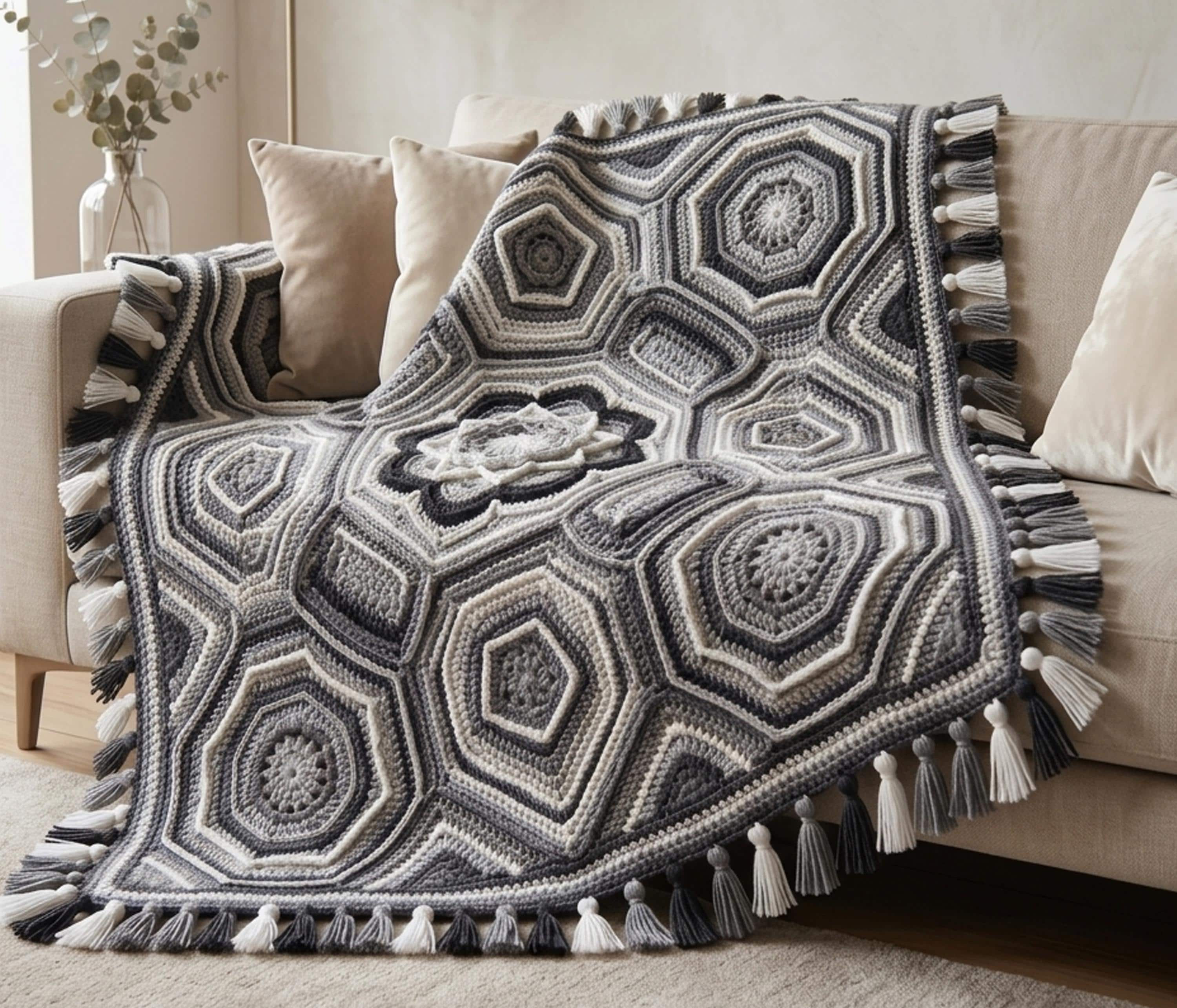 30 Beautiful and Stylish Monochrome Crochet Patterns 24 HexaBloom Textured Blanket Pattern
