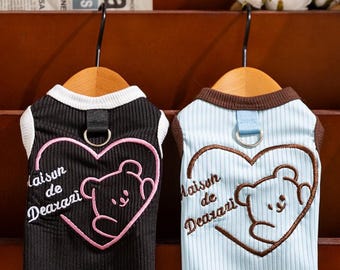 Cute Embroidered Dog Harness Tank, Vintage & Sweet Two-Tone Styles with D-Ring Leash Hook, Cartoon Dog Outfit, Pet Clothes, Dog Fashion,