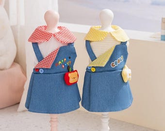 Denim Dog Overall Dress,Gingham Collar Puppy Dress with Leash Ring,Breathable Summer Dog Tank Top,Dog Couple Outfits,Pet Clothes,Dog Fashion