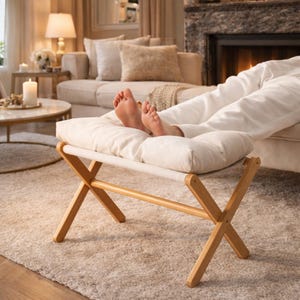 Foldable Bamboo Foot Stool, Padded Ottoman Bench, Living Room Foot Rest