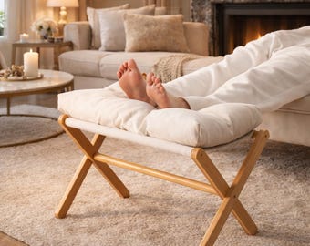 Taburete plegable de bambú, banco otomano acolchado, reposapiés para sala de estar