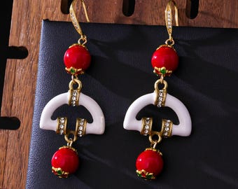 Red Bead Dangle Earrings, Vintage Gold Tone Statement Earrings, White Arc Rhinestone Earrings Gift for Women