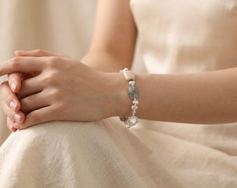 Natural Stone Pearl Toggle Bracelet, Minimalist Earthy Boho Bangle