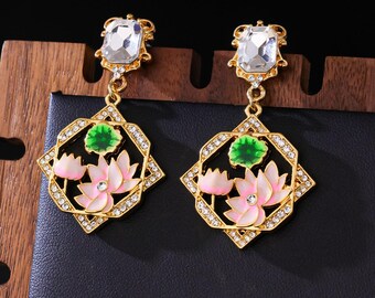 Lotus Flower Dangle Earrings, Vintage Gold Tone Rhinestone Floral Statement Earrings Gift for Women