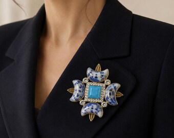 Broche artesanal de turquesa sodalita, broche de hoja de luna celestial, filigrana de oro antiguo