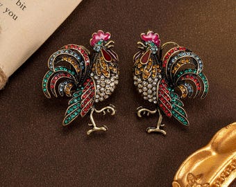 Rooster Statement Earrings, Vintage Gold Tone Rhinestone Animal Earrings, Colorful Farmhouse Gift for Women