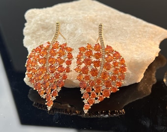 Pendientes colgantes de hojas naranjas, joyería llamativa vintage con cristales y diamantes de imitación.