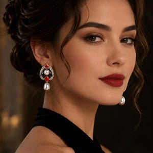 May include: Elegant earrings with a red, black, and white design, featuring a pearl drop. The earrings are set with small, sparkling stones. The woman in the image is wearing a black top.