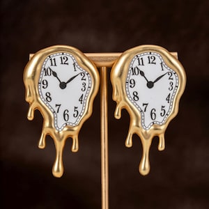 Dali Style Melting Clock Earrings, Surrealist Persistence of Memory Jewelry, Golden Statement Gift