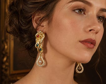 Pendientes colgantes barrocos dorados, con diamantes de imitación rojos y azules, joyería femenina de estilo retro glamuroso.