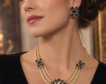 Pendientes llamativos vintage de diamantes de imitación azules, joyería colgante de cadena tono oro barroco