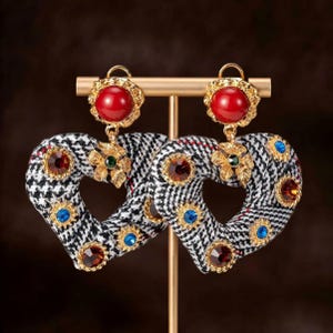 Vintage Houndstooth Heart Earrings, Retro Plaid Dangles with Colorful Crystals, Winter Statement Jewelry Gift
