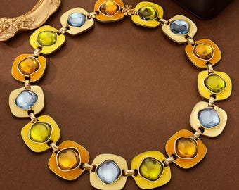 Yellow Statement Necklace, Vintage Gold Tone Geometric Necklace, Colorful Crystal Style Gift for Women