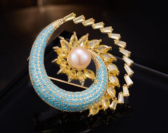 Broche de perlas de luna azul, broche de flor de sol en forma de media luna turquesa, joyería celestial vintage
