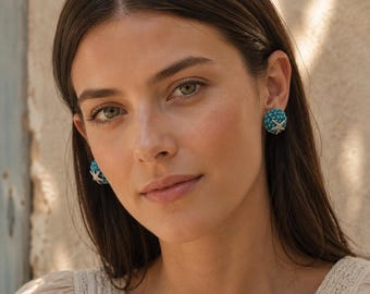 Pendientes de estrella de mar turquesa, joyería de estilo playero costero.