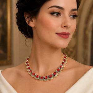 Rubinröd kristallspiralchoker, äkta guldpläterat statementhalsband