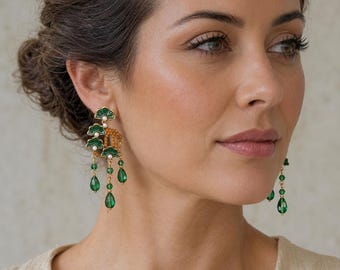 Pendientes de borla Nube Verde, Colgantes de Cristal de Estilo Chino, Pendientes Vintage con Diamantes de Imitación