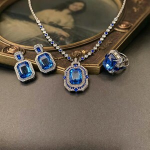 Blue Sapphire Jewelry Set Luxury Crystal Necklace Earrings Ring Set Wedding Party Statement Jewelry Gift for Her Elegant Evening Jewelry