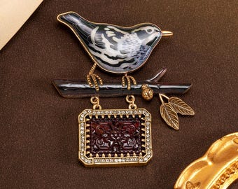 Bird Brooch Pin, Vintage Gold Tone Rhinestone Nature Brooch, Red Pendant Statement Pin Gift for Women