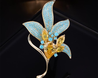 Broche floral turquesa vintage, broche de solapa con cristal rosa y tono dorado
