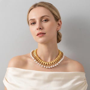 Heavy Gold Pearl Collar Necklace, Art Deco Statement Choker, Cleopatra Style Jewelry