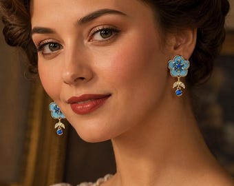 Pendientes colgantes florales, pendientes de diamantes de imitación con flores azules y rosas, regalo para mujer.
