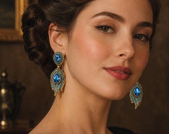 Pendientes colgantes de pavo real con diamantes de imitación azules en forma de lágrima, joyería vintage llamativa en tono dorado