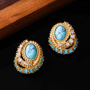 Turquoise Look Oval Statement Stud Earrings, Gold Tone Vintage Boho Rhinestone Pair