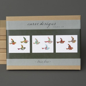 Trio - A boxed set of 10 blank notecards. Birds , origami paper , aqua , green , red. Plastic free packaging