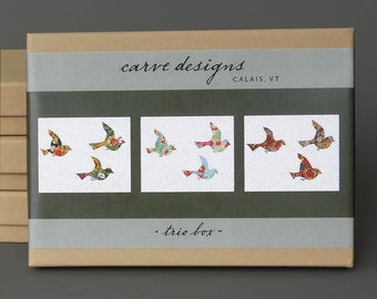 Trio - A boxed set of 10 blank notecards. Birds , origami paper , aqua , green , red. Plastic free packaging
